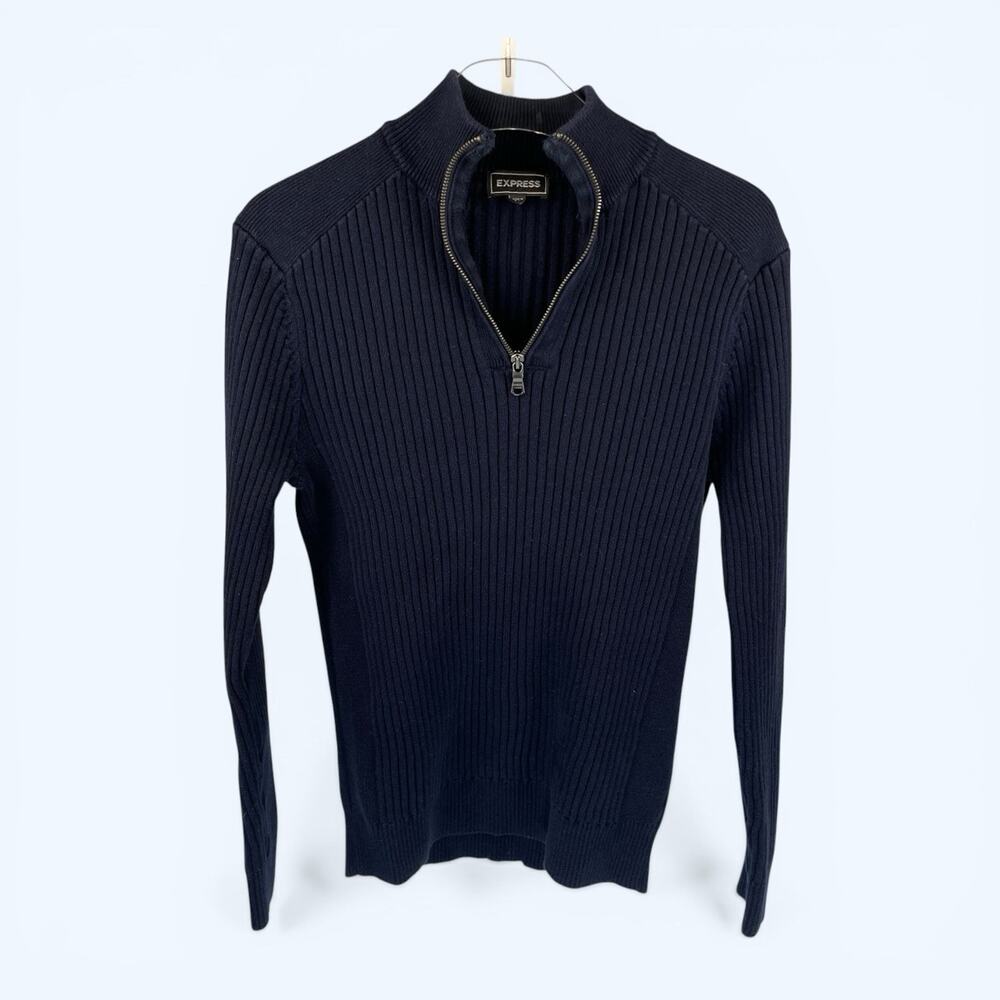 Express Men's Size Medium Navy Quarter Zip Ribbed Knit Pullover Sweater